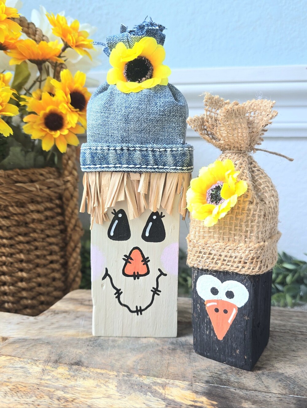 Autumn Scarecrow and Crow Wood Block Decor *adorable buddy Pair*